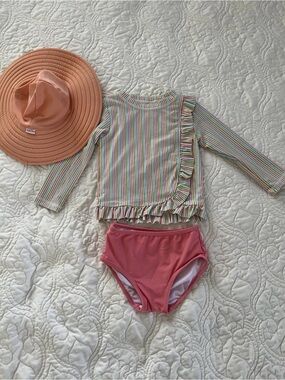 RuffleButts Rashguard Swimsuit with Hat Size 2T
